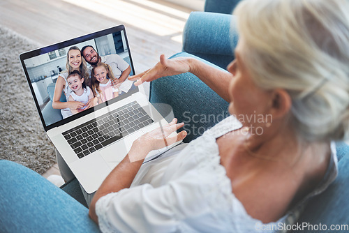 Image of Love, family and video call on laptop with grandmother for online communication with relatives. Retirement, senior and elderly grandma on internet screen call with grandchildren and parents.