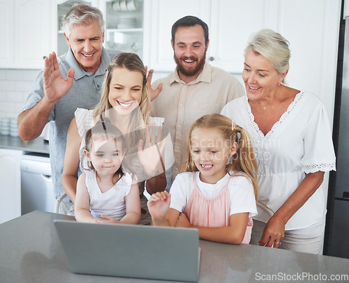 Image of Wave, children and happy family on laptop video call for communication, conversation or relax in home kitchen. Mom, dad and grandparents or big family hello on video conference chat or online contact