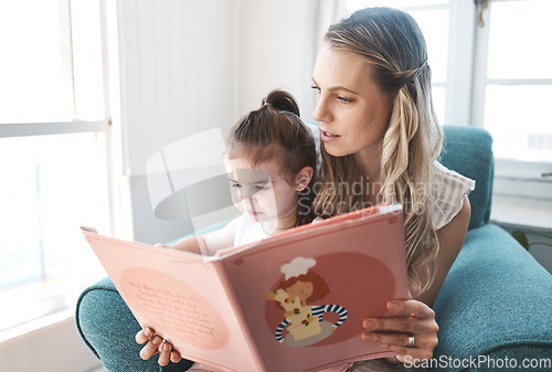 Image of Mother, girl and reading kids book for child education development learning language, communication or literacy at home. Mom storytelling, growing children minds and love family quality time together