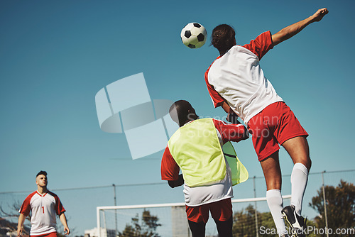Image of Sports game fitness, soccer jump and athlete play competition for exercise, workout or training for body health. Rival, team and street football for practice, wellness and cardio with mockup blue sky