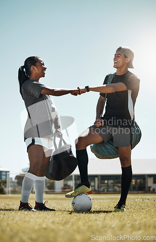 Image of Fist bump, soccer and football teamwork success for exercise health, friends goal and training. Fitness collaboration, community and sports people before a game on a sport field together with a smile