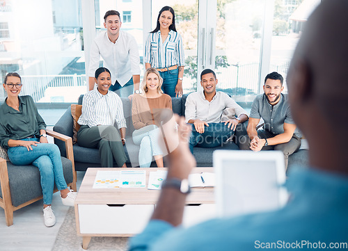 Image of Presentation, tablet and business people in meeting with the ceo planning, talking and speaking of our vision and mission. Leadership, mentor and African boss coaching employees on marketing skills