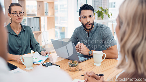 Image of Meeting, teamwork and diversity, creative startup workers with laptop and performance or productivity report. CEO man and team listening to woman pitch strategy on business project proposal in office