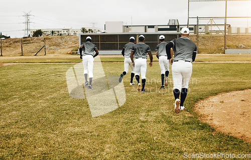 Image of Baseball, sports and team running on field ready to start training match, fitness workout and exercise together. Academy, teamwork and young men playing a game on grass or pitch outdoors in Dallas