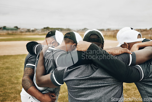 Image of Baseball people and sport team strategy in huddle at game on field for motivational support. Professional men athlete softball group prepare to play outdoor tournament in teamwork collaboration talk