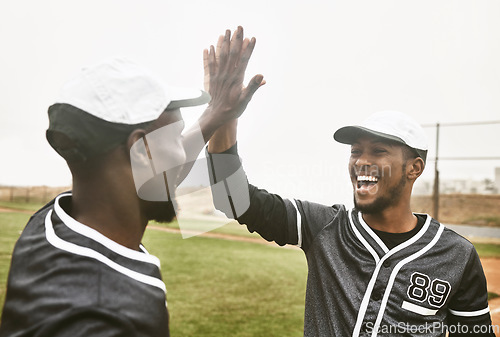 Image of Baseball, high five or teamwork with black men training, workout and fitness sports activity on game field together. Motivation, success and support with friends in sport celebration or partnership