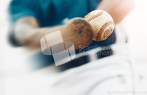 Image of Baseball, sports and training where a bat hit a ball closeup for exercise, fitness or a workout. Homerun, score and health with a man athlete in a game or match swings and hits for points scoring