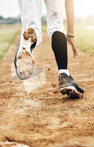 Image of Sports, running and shoes of baseball player on field training for competition, health and fitness game. Workout, exercise and dirt with athlete in competition for winning, homerun or achievement