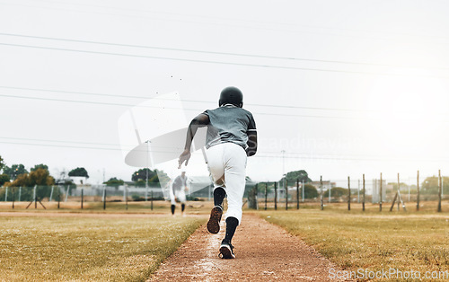 Image of Baseball player, running and sports pitch with athlete with fast energy doing base run at game or match on a sport field. Fitness, exercise and training workout with sport runner male outdoor