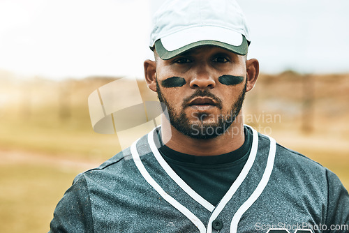 Image of Baseball, man and paint face portrait, eye black or grease to reduce sun glare during training, competition or exercise. Fitness, workout and male from India with face paint for practice outdoors.