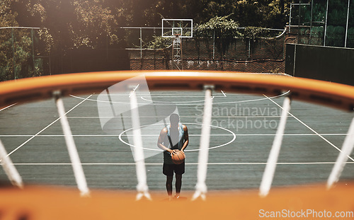 Image of Above, net and basketball man with aim in training, practice or exercise for healthy sports on court. Black man, basketball player and basketball court for shooting in workout, fitness and health