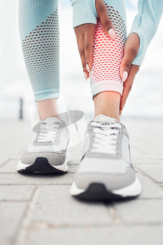 Image of Fitness, injury and woman with shin pain during cardio exercise, training or outdoor workout. Closeup of an athlete with a sports accident, muscle sprain or medical emergency while running outside.