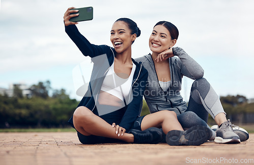 Image of Selfie, women and friends outdoor for training, exercise and fitness for health, workout and wellness. Female trainers, healthy girls or with smartphone outside warm up, smile or relax in sportswear