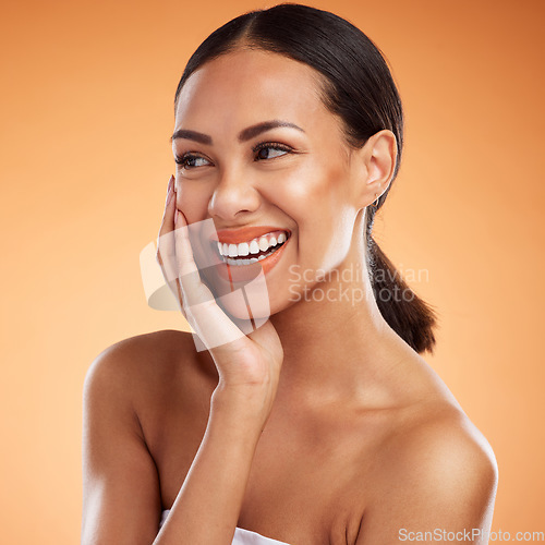 Image of Happy, woman and beauty smile for skincare, relax and luxury treatment against a studio background. Beautiful female smiling with teeth in satisfaction for healthy skin cosmetics and body care