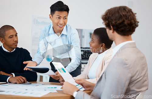 Image of Meeting, infographics presentation and business people talking in an office. Businessman presenting graphs, statistics and growth analysis of business to team. Diversity and teamwork in the workplace