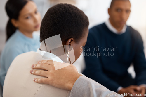 Image of Mental health, support and black woman in a counseling therapy session with a group of people helping with stress. Meeting, anxiety and depressed employee sad in debt, grief and depression at work