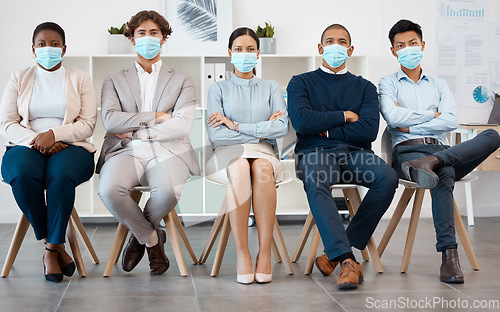 Image of Covid business people, waiting room and office for recruitment, corporate job interview and hr opportunity in agency. Portrait diversity professional group queue on chairs, face mask and corona risk