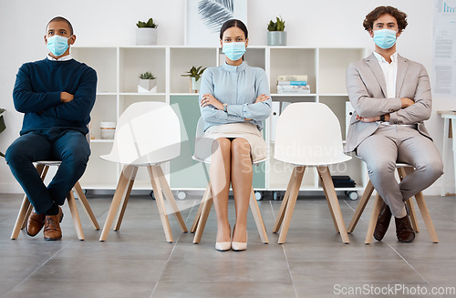 Image of Covid regulations and recruitment chair row with responsible candidate group with social distancing. Interview, pandemic and hiring in corporate company with virus protocol for employee safety.