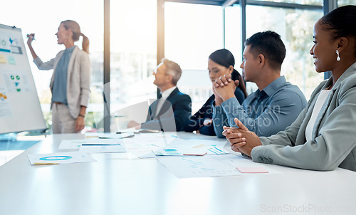 Image of Business people, leader and collaboration, brainstorming and meeting for business strategy, whiteboard and planning. Diversity, staff working together and corporate data, analysis and presentation.