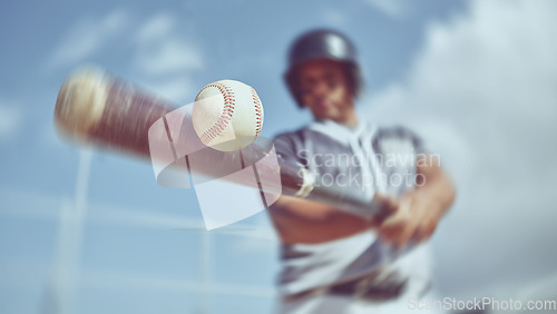 Image of Baseball, baseball player and bat ball swing at a baseball field during training, fitness and game practice. Softball, swinging and power hit with athletic guy focus on speed, performance and pitch