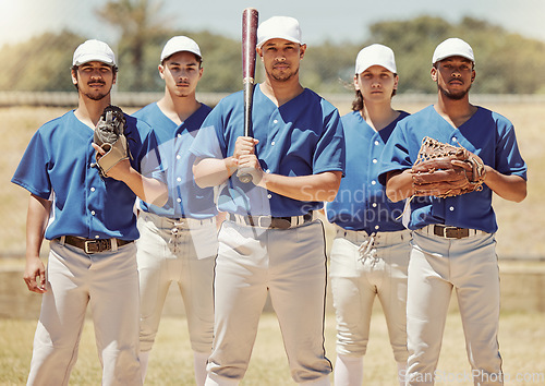 Image of Sports, team and baseball portrait by sport people standing in power, support and fitness training on baseball field. Softball, diversity and inclusive team sport by united group ready for challenge