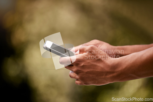 Image of Man hands, park and typing phone on mobile app, social media and digital iot connection outdoors. Closeup smartphone internet website, social network communication and 5g cellphone technology online