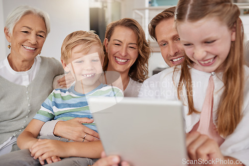 Image of Big family, children and tablet for elearning, online education and learning website on home sofa with parents and grandparents. Happy women and man with kids for internet game or video call