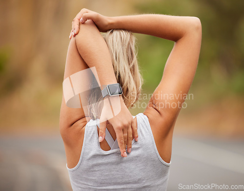 Image of Fitness woman, exercise and stretching for outdoor workout or training for flexibility, health and wellness touching back. Athlete runner female do warm up with smartwatch progress and performance