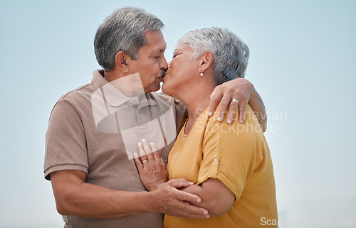 Image of Love, romance and old couple kiss on marriage anniversary holiday vacation in retirement outdoors. Elderly, trust and senior woman kissing and enjoying romantic quality time with partner in Bogota