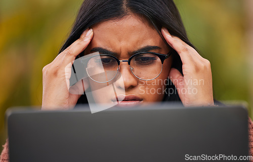 Image of Work, stress and burnout, woman in glasses at computer reading spam email, glitch or 404 error. Girl from Mexico frustrated, work on tax compliance and doubt or problem on startup audit report online