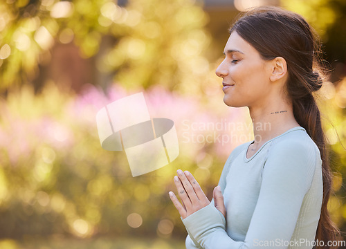 Image of Nature meditation, peace and zen woman doing yoga, pilates or spiritual wellness training, fitness or soul aura healing. Freedom, healthcare lifestyle or relax girl meditate for chakra energy balance