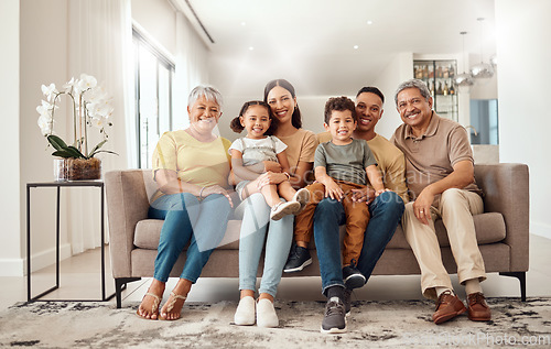 Image of Family, children and bonding with a girl, boy and parents together in the home of their grandparents for a visit. Kids, love and happy with a big family spending time in the living room of a house