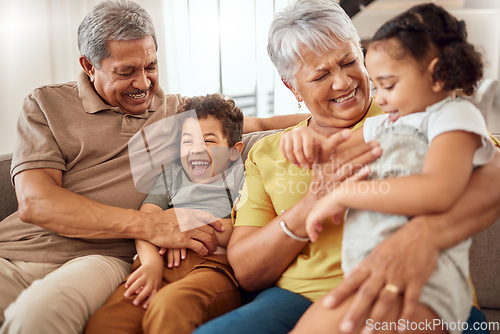 Image of Love, happy family and grandparents with funny kids at home for babysitting, care and bonding in retirement. Grandmother, grandpa and children or siblings having fun, laughing in a weekend in Brazil