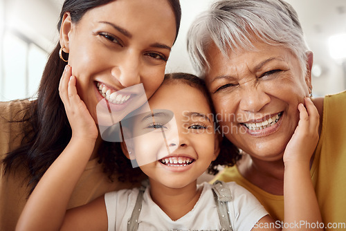 Image of Happy mom with child, grandmother smile for portrait and young girls family in Mexico home together. Senior woman generation with elderly face, international womens day and mothers day love