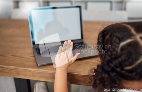 Image of Hand, laptop and education with a student girl asking a question during an online class for learning and development. Kids, student and study with a female child gesturing a wave while e-learning