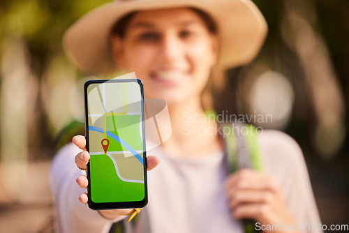 Image of Woman, hand and phone screen, gps or directions on holiday, vacation or trip. Tourist, travel and female from Canada on mobile, traveling or map apps, lost or looking for help with internet maps