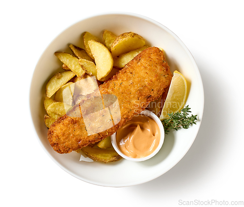 Image of bowl of breaded fish fillet and fried potato wedges