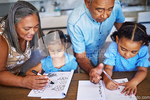 Image of Children, education and homework with a girl, sister and grandparents learning or studying at home for growth and development. Family, help and care with a senior man and woman helping the grandkids