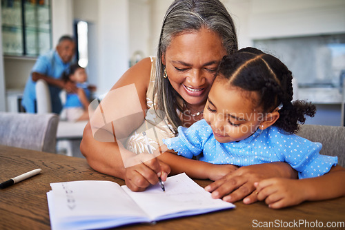 Image of Learning, writing and notebook with grandma and girl for education, study and family help with homework. Care, love and idea with child and old woman and book for teaching, student and remote work