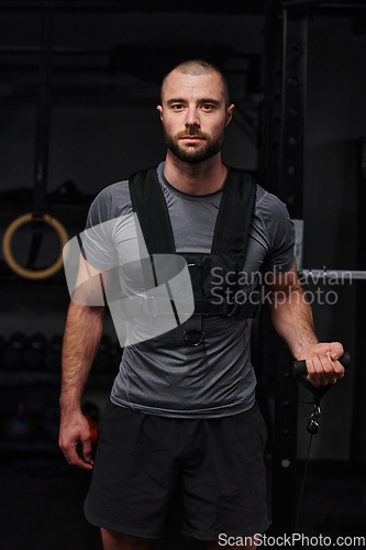 Image of A muscular man working arm exercises in a modern gym, showcasing his strength and dedication to fitness.