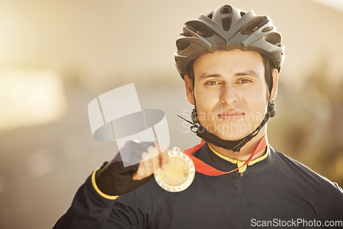 Image of Cycling, helmet and medal with a sports man after a race as a winner, champion or medalist outside. Motivation, celebration and win with a young male athlete proud of reaching a target or goal