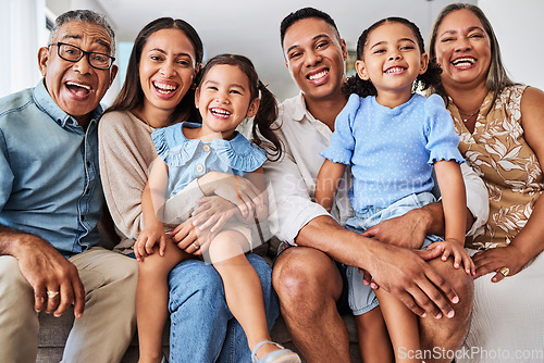 Image of Happy, big family and portrait smile for relationship happiness in quality bonding time together at home. Parents, grandparents and kids smiling for relaxing holiday break or free time at the house