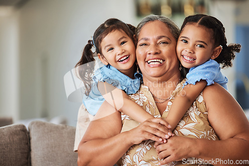 Image of Relax, smile and grandma with children on sofa for family, happy and love together. Retirement, hug and wellness with portrait of old woman and kids in living room for lifestyle, mothers day and care