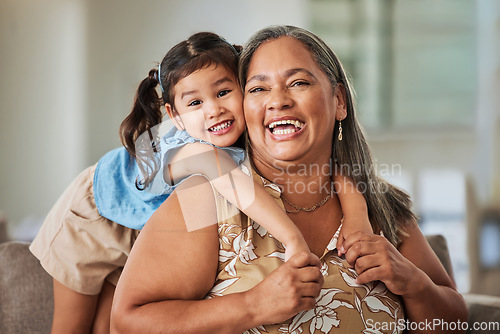 Image of Portrait, child and happy grandma love family bonding moments, memories and having fun in the house. Smile, happiness and proud grandmother enjoys quality time and relaxing on a weekend in Jerusalem