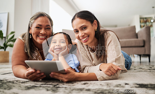 Image of Women, kid tablet and family home of black mother, girl and grandmother happy with online education. Digital, internet kids video streaming and technology games of a children app with a smile