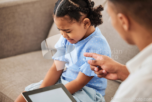 Image of Stress, sad and crying girl on sofa with angry, frustrated and annoyed father, conflict, argue and guilt. Children behaviour and parent pointing at unhappy kid, distress, upset and living room fight