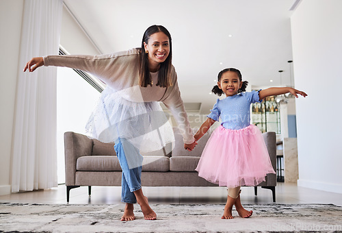 Image of Ballet, mother and girl child in a home living room with happy quality time and mama love. Dance, dancing learning and dancer growth of a mom and kid with happiness, smile and creative fun activity