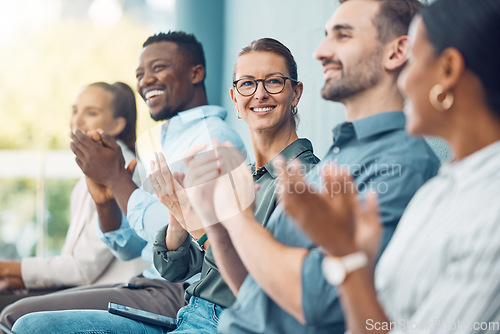 Image of Business audience, hands and clapping in support of speech or presentation during a conference with business people. Business meeting, applause and success with excited colleagues cheering together