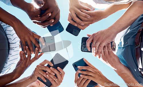 Image of Circle people, phone hands and social media mobile apps, wifi and digital iot connection on blue sky. Below group social networking, smartphone and 5g internet website for cloud computing technology