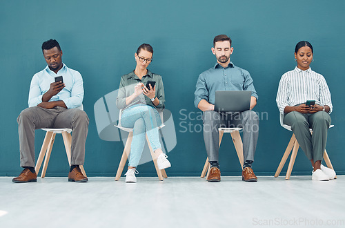 Image of Recruitment, interview and business people waiting in line at for corporate meeting on different devices. Startup, hiring and business opportunity with diverse candidates prepare for business meeting